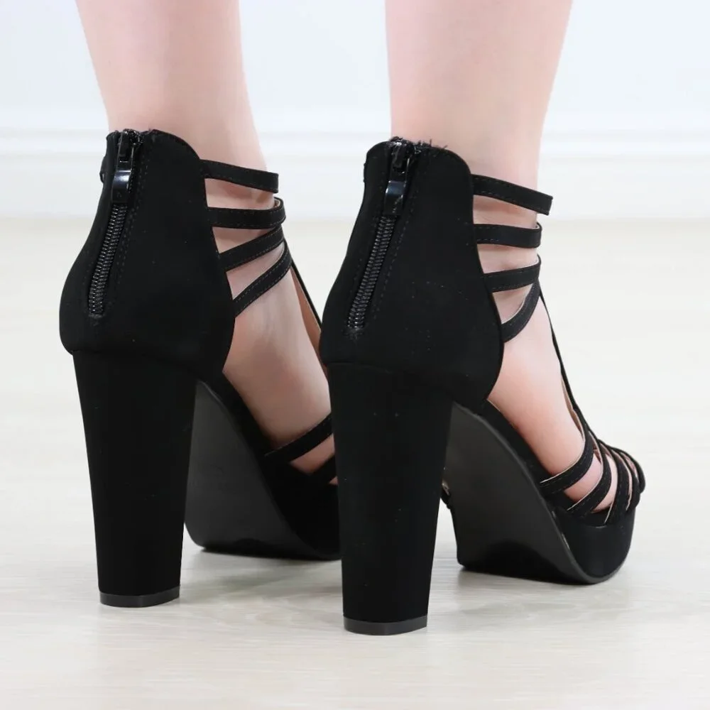 Black Rhinestone T-Strap Platform Sandals Women’s Block Heel Evening Party Shoes - Picture 13 of 15